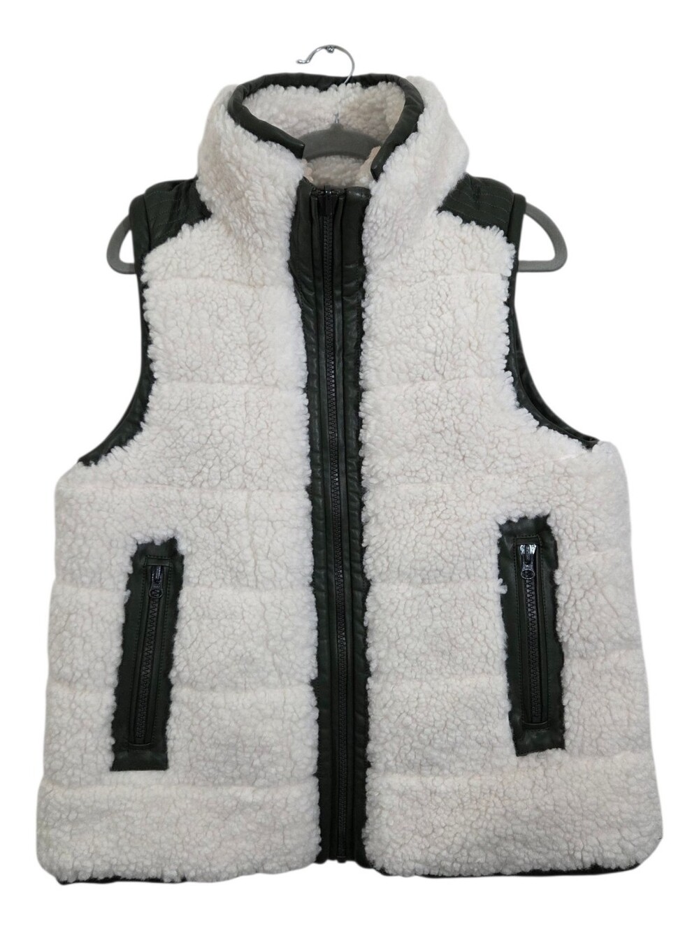 Tuckernuck Beckham Reversible Vest Sherpa Vegan Leather Cream and Green Small